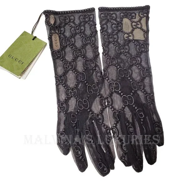 GUCCI GLOVES 787379 BLACK TULLE w GG LOGO MOTIF EMBROIDERY sz 8 / L - Picture 7 of 14